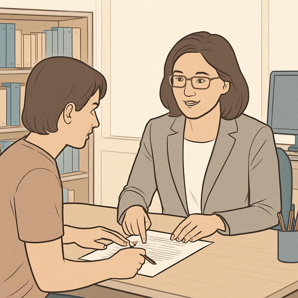 A student meeting with an academic advisor to review their credit progress and academic standing. Student reviewing credit progress with an academic advisor at a UK university.
