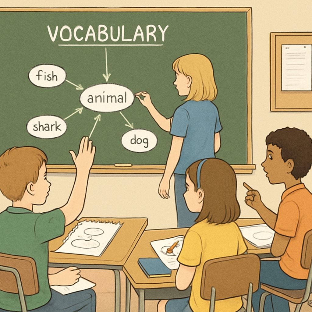 A classroom with students engaged in a vocabulary activity using semantic mapping tools, fostering interactive learning. Fifth-grade students participating in a vocabulary activity as part of ELA teaching strategies.