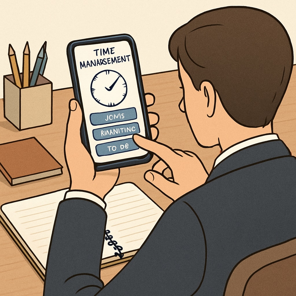 A person using a time management app on their smartphone, symbolizing the importance of planning for professionals. A professional using a time management app to organize their day.