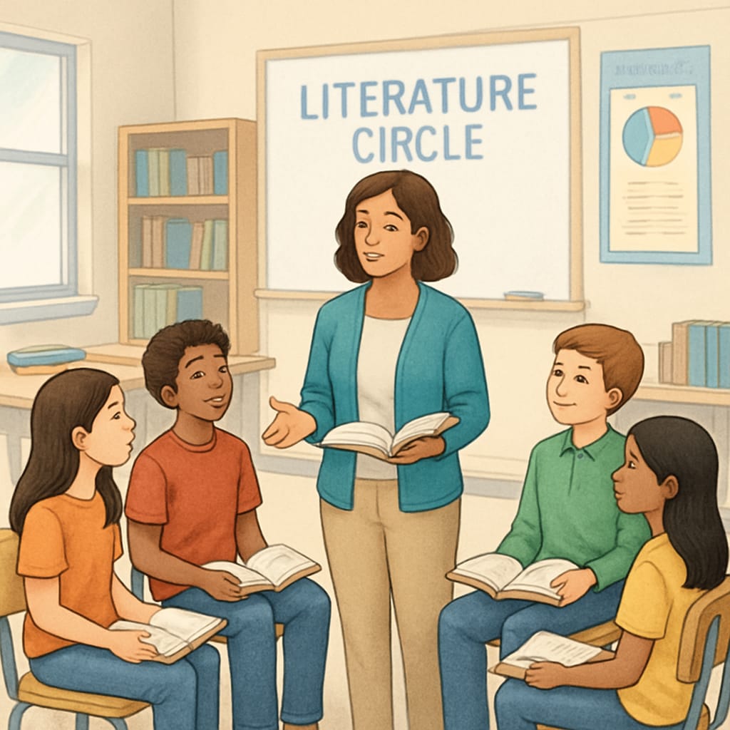 A teacher guiding students through a literature circle discussion in a bright, organized classroom setting. Fifth-grade students discussing texts during an ELA literature circle, aligning instruction with core standards.