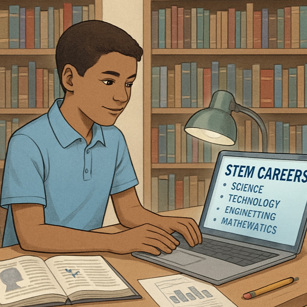 High school student exploring STEM career options on a laptop.