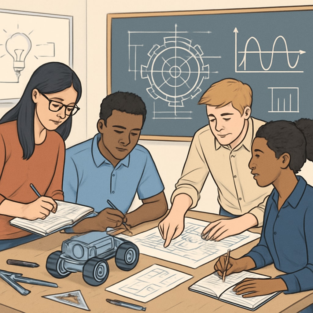 A group of engineering students collaborating on a project, symbolizing interdisciplinary learning. Engineering students collaborating on interdisciplinary project.