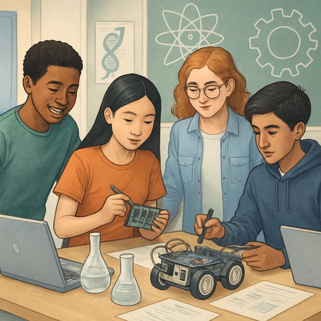 High school students engaged in a collaborative STEM workshop.