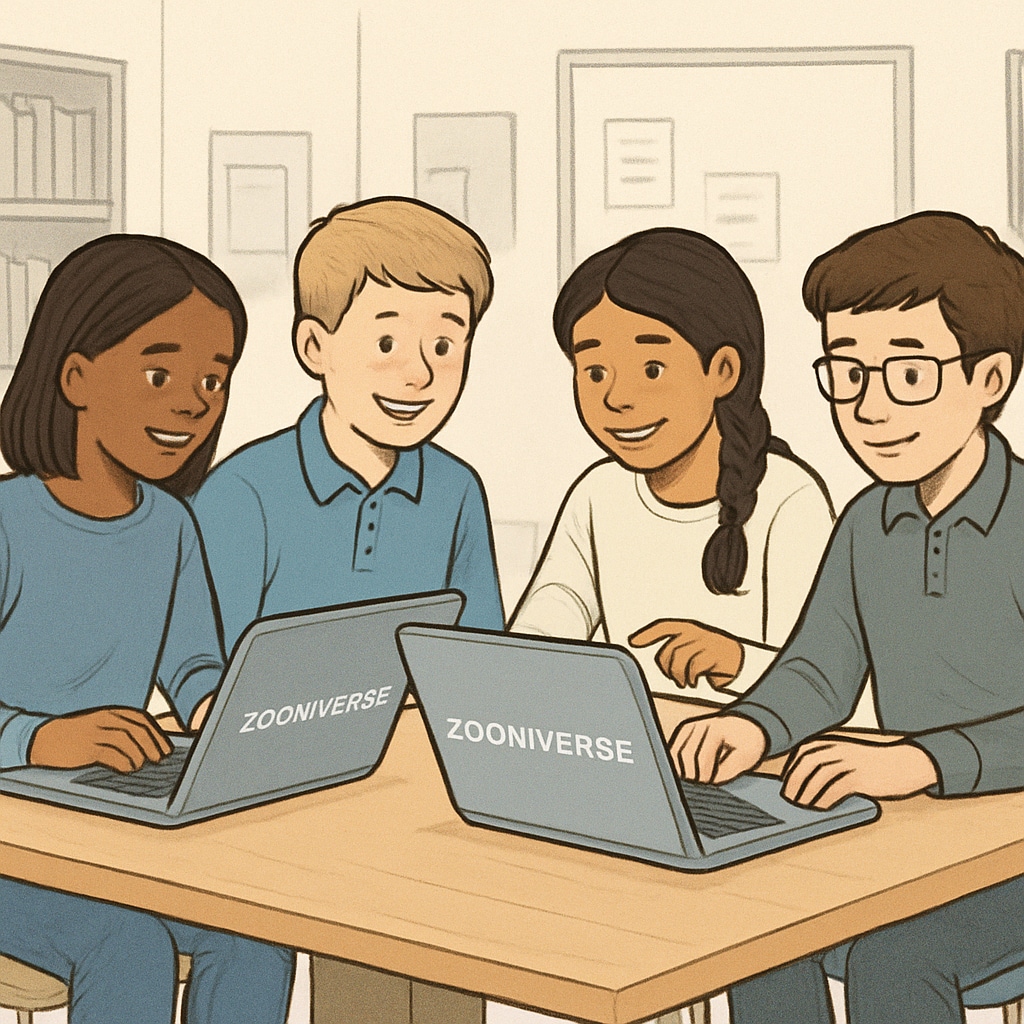 A group of K12 students working together on laptops, participating in a Zooniverse citizen science project. K12 students collaborating on a Zooniverse citizen science project.