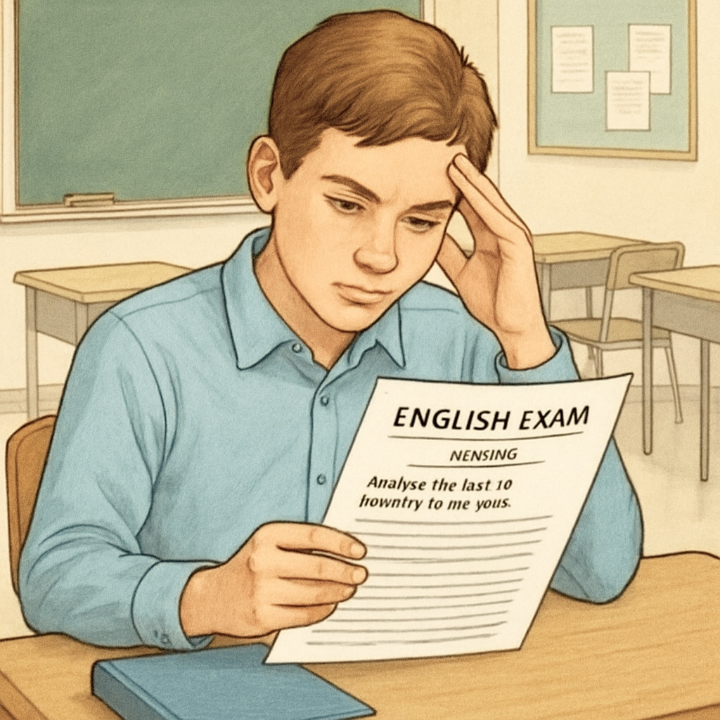 A student reading an English exam paper, concentrating on identifying text purpose. A student working on Functional Skills English exam, focusing on text purpose.