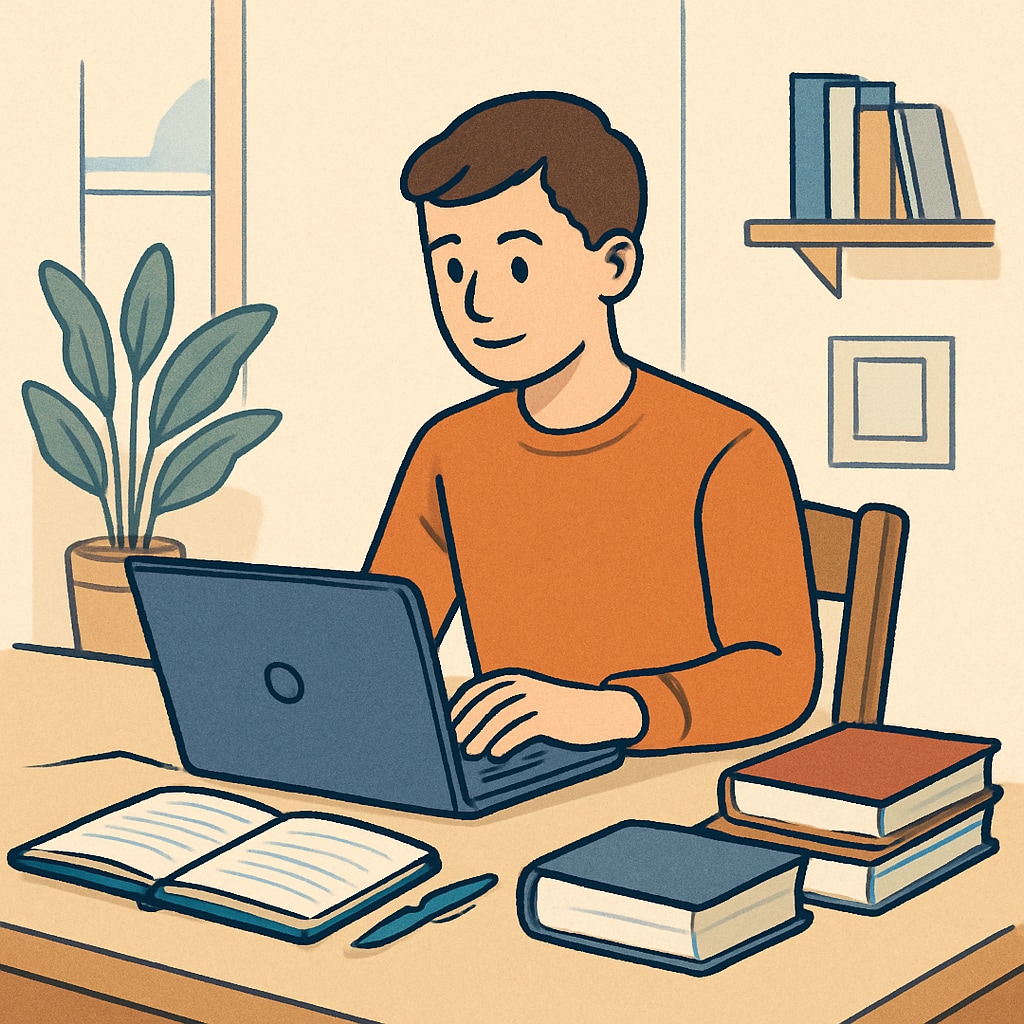 A student working on a laptop at home, representing online learning opportunities. Student using laptop for online learning in dual-degree program.