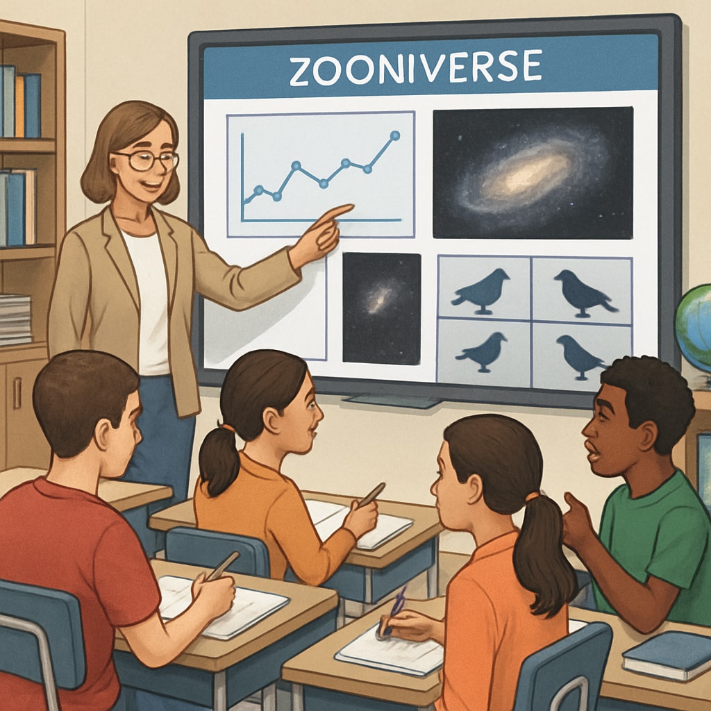 A teacher guiding students through a Zooniverse project on a smartboard, highlighting scientific data collection. Teacher assisting students with a Zooniverse STEM project.