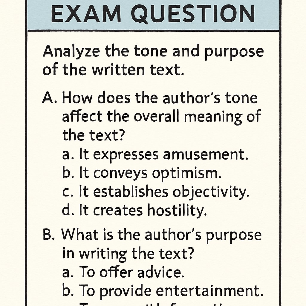A close-up of an exam question analyzing the tone and purpose of a written text. Exam question example for Functional Skills English text purpose analysis.