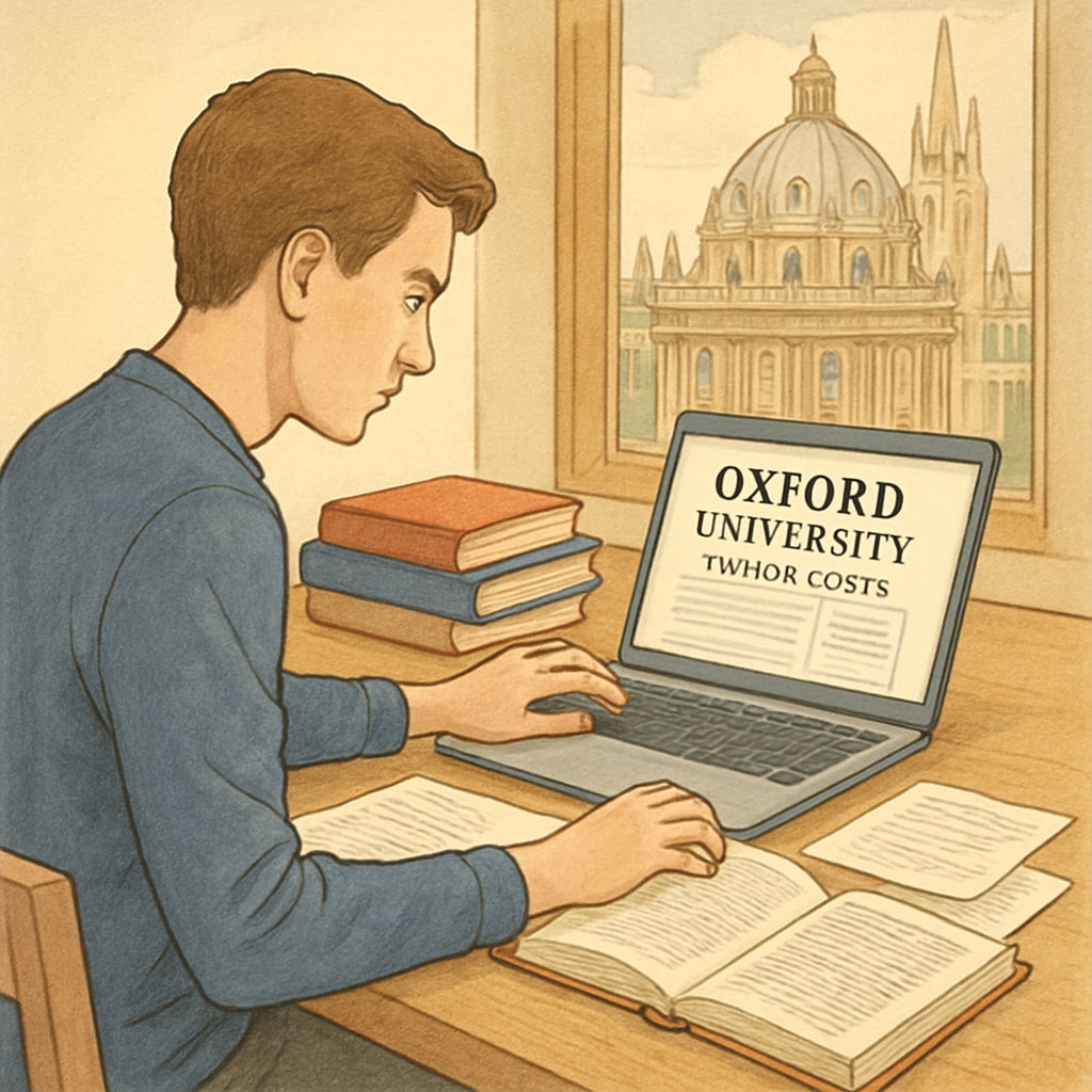 A student sitting at Oxford University, reviewing tuition costs on a laptop. A student examining tuition expenses, reflecting economic barriers for immigrant students at Oxford University.