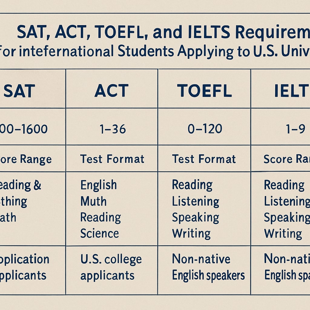 A side-by-side comparison chart of SAT, ACT, TOEFL, and IELTS requirements for international students applying to U.S. universities Standardized test comparison for U.S. university applications