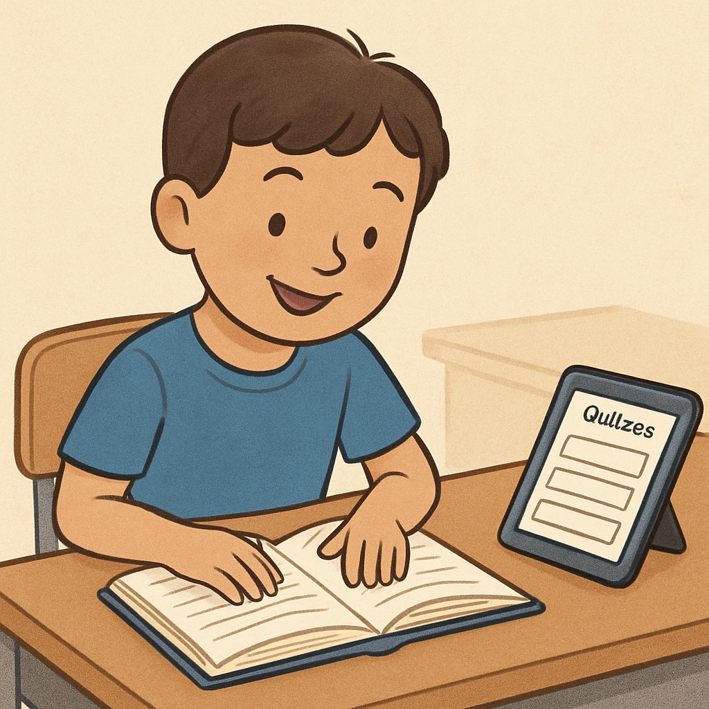 A child happily reading a book at a desk, with a tablet nearby for accessing reading quizzes. A child reading with a tablet, representing free reading comprehension tools.
