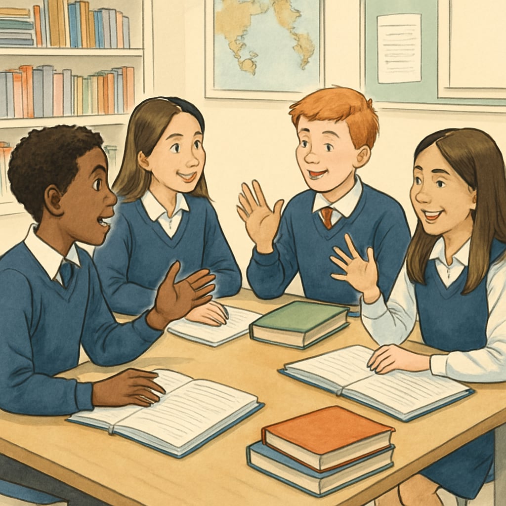 A classroom where students are actively engaged in a group discussion without any visible phones. Students interacting in a classroom without phones, illustrating the benefits of a phone ban in reducing distractions.