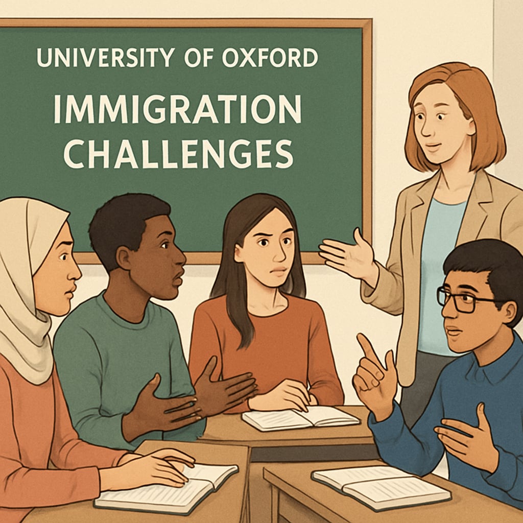A classroom at Oxford University with a diverse group of students discussing immigration challenges. A diverse group of students in an Oxford classroom discussing immigration-related issues.