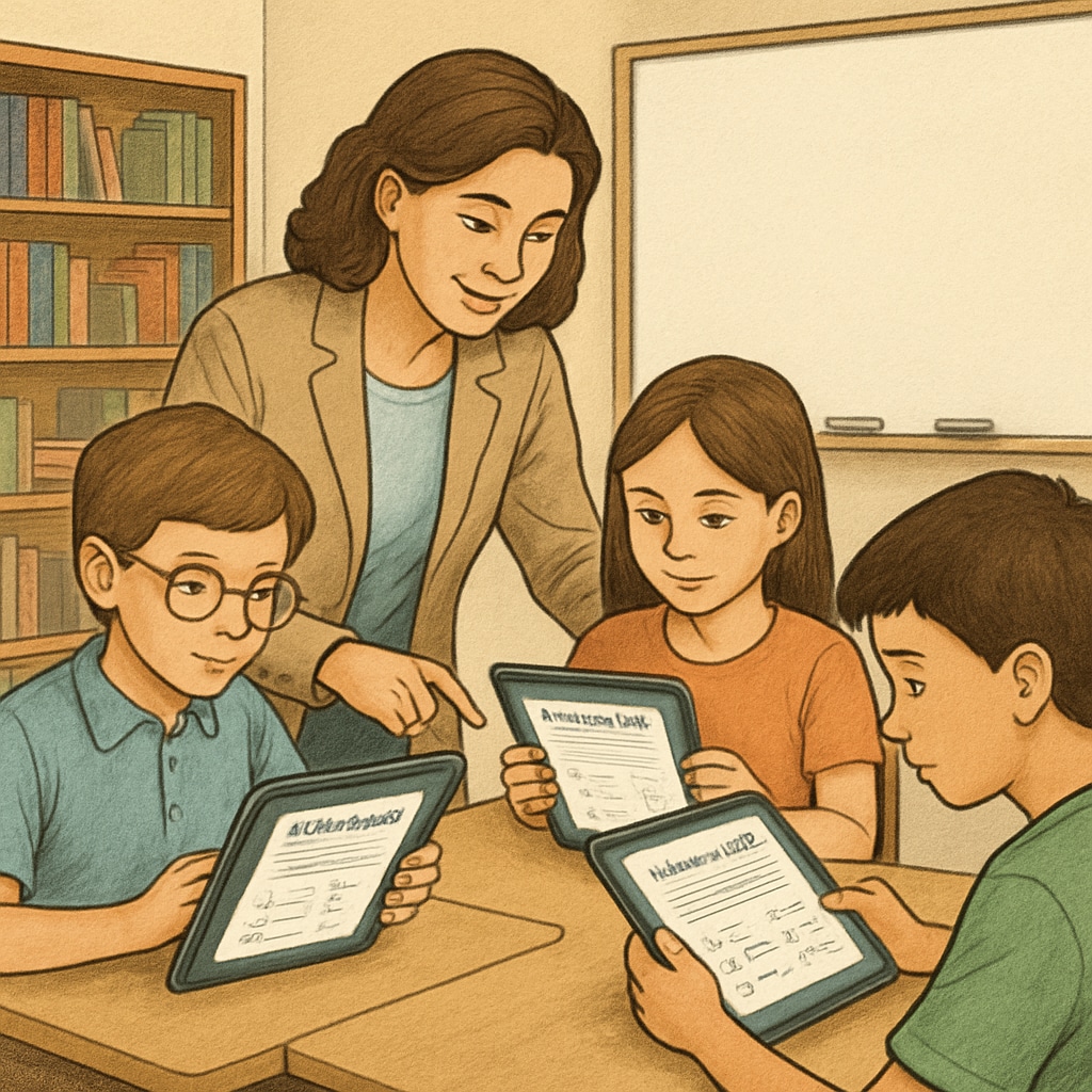 A teacher working with a small group of students in a classroom, using tablets to access free reading comprehension quizzes. Educator using free reading comprehension quizzes with students in a classroom.