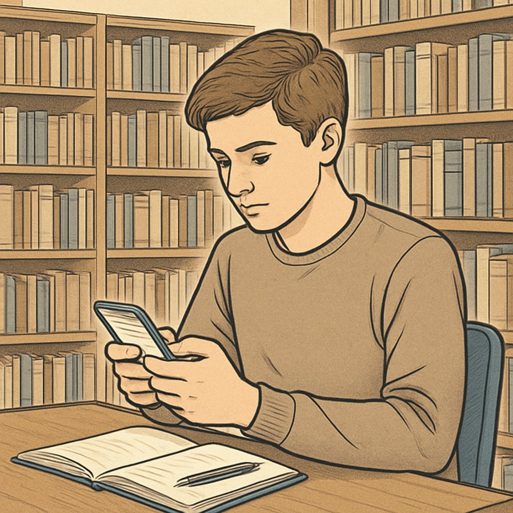 A student using a smartphone responsibly in a library for academic research. Student using a smartphone for research in a library, highlighting the potential academic use of phones.