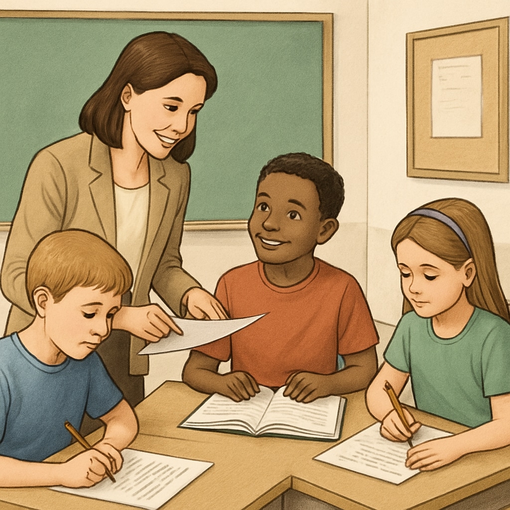 Fifth-grade teacher conducting a reading comprehension session with a small group of students.