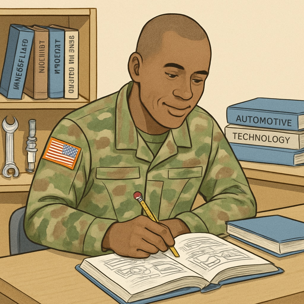 A U.S. military veteran studying automotive technology with books and tools in the background. A military veteran working on automotive technology coursework, emphasizing the transition to a bachelor’s degree.