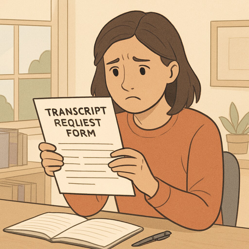 A worried student holding a transcript request form, sitting at a desk in a school or home setting. Student holding transcript request form related to unpaid fees and PRC exam application.
