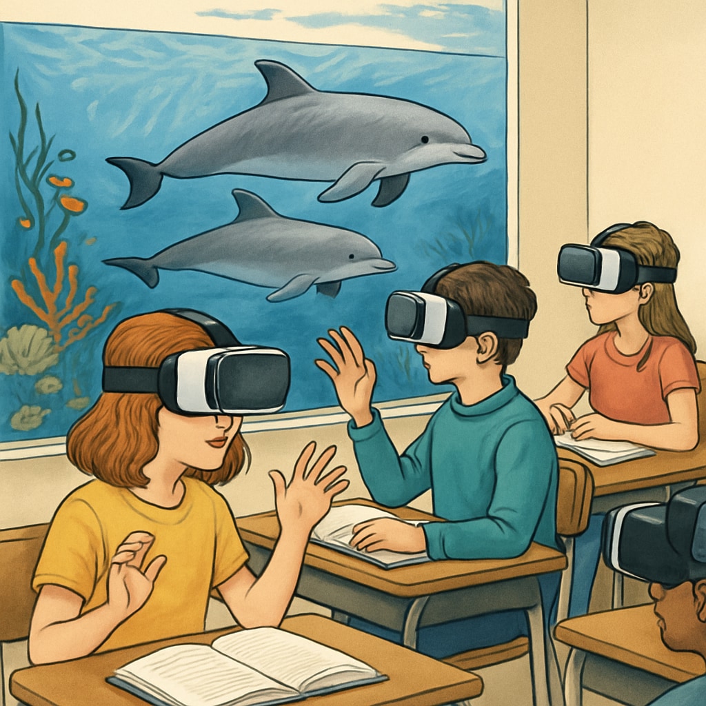 A classroom setting with students using virtual reality headsets to explore underwater environments and observe porpoises in their natural habitat. Students using VR to learn about porpoises and marine life.