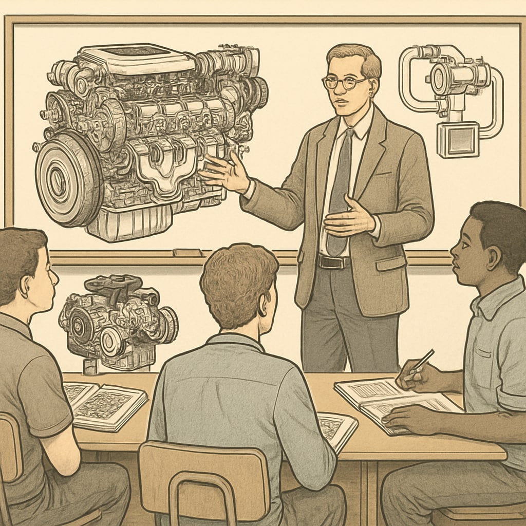 An automotive technology classroom with students and a professor discussing advanced engine systems. A classroom setting showcasing automotive technology education, highlighting credit transfer opportunities.