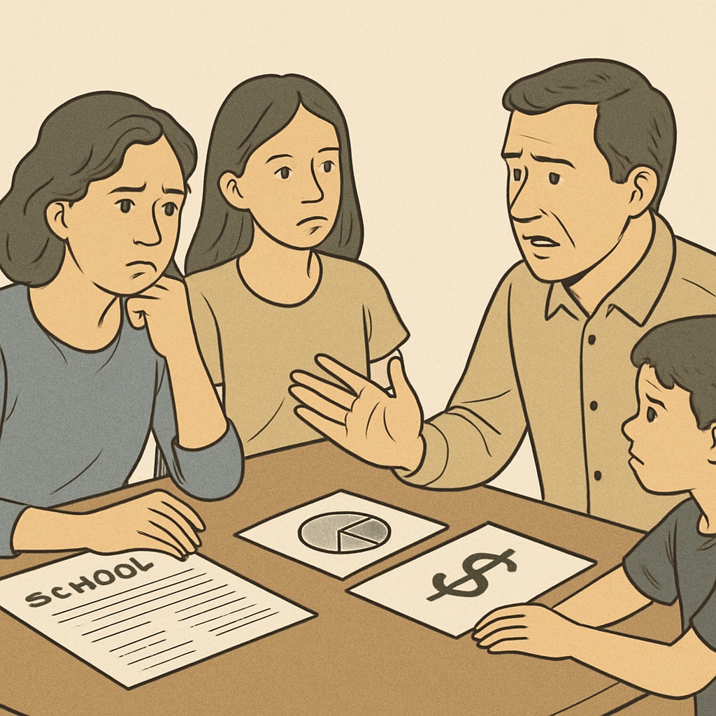 A family sitting at a table discussing financial challenges with visible school documents. Family discussing unpaid school fees and transcript access challenges.