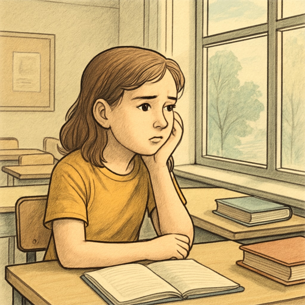 A young girl looking out of a school window, symbolizing the feeling of exclusion and uncertainty during the school transfer process. A young girl looking out of a school window, representing school transfer delays for special needs students.