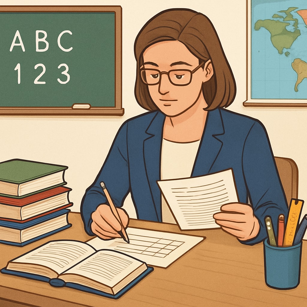 A teacher analyzing reading materials in a classroom setting to assess text complexity. Teacher reviewing reading materials for text complexity assessment.