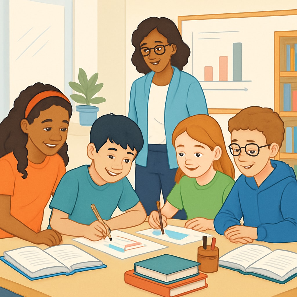 A group of diverse K12 students collaborating on a project in a classroom setting. K12 students working together on a project, representing research on study methods.