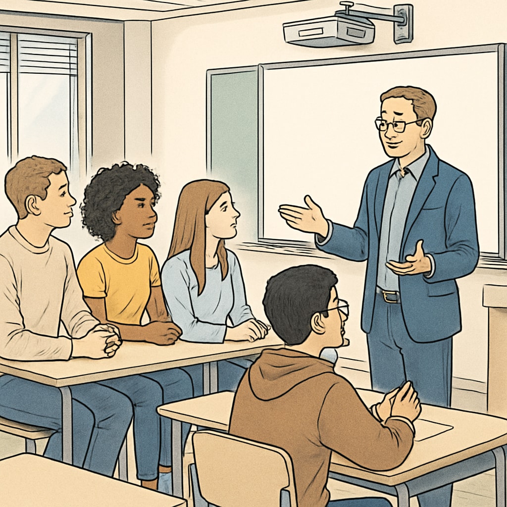 A group of university freshmen discussing IT career paths with a mentor in a classroom setting. University freshmen discussing IT career paths with a mentor.