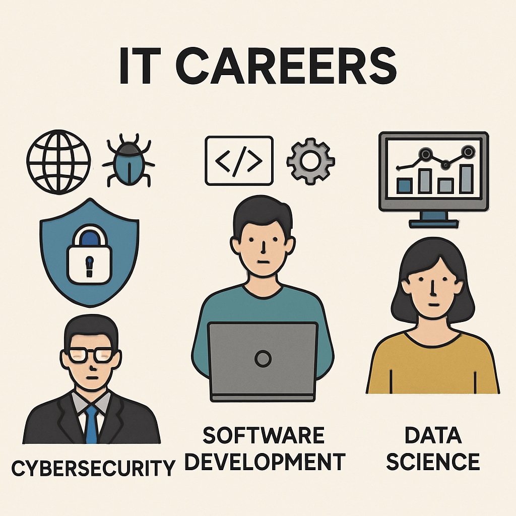 A diagram illustrating different IT career paths, including cybersecurity, software development, and data science. Diagram of IT career paths such as cybersecurity and software development.