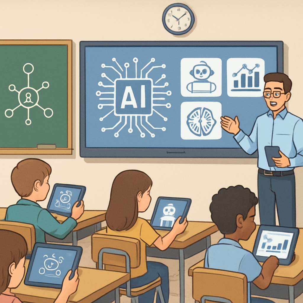 A classroom equipped with advanced AI tools, such as tablets and interactive screens, demonstrating AI applications in education. AI applications in education showcased in a tech-enabled classroom