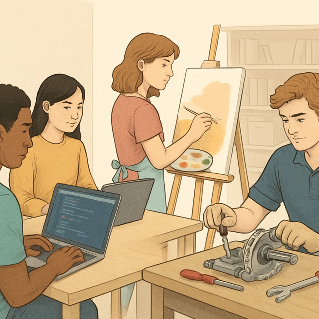 A diverse group of young adults engaged in various activities such as coding, art, and mechanics, symbolizing alternative paths to success. Young adults exploring alternative paths to success beyond GCSE results and academic anxiety.