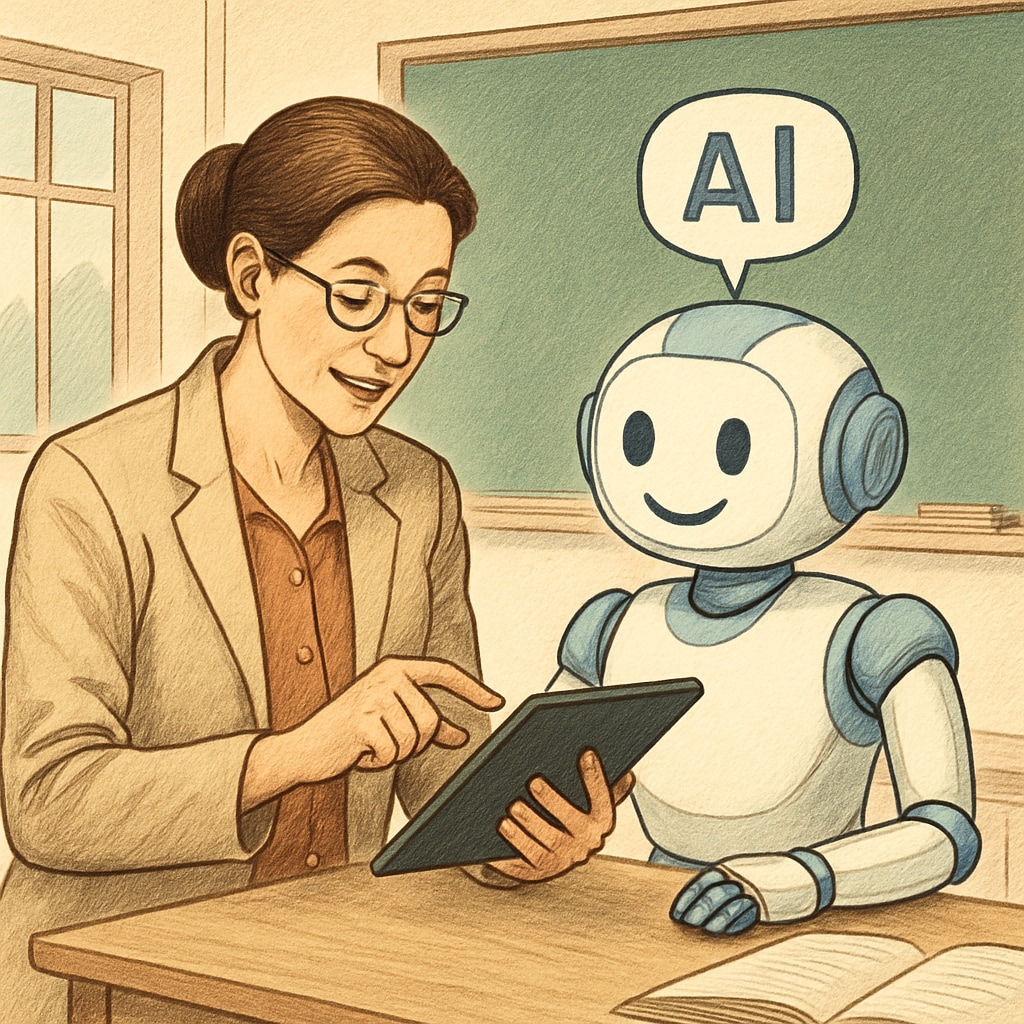 A teacher collaborating with AI software on a tablet, illustrating the synergy between human educators and AI tools. Teacher using AI software to enhance classroom teaching