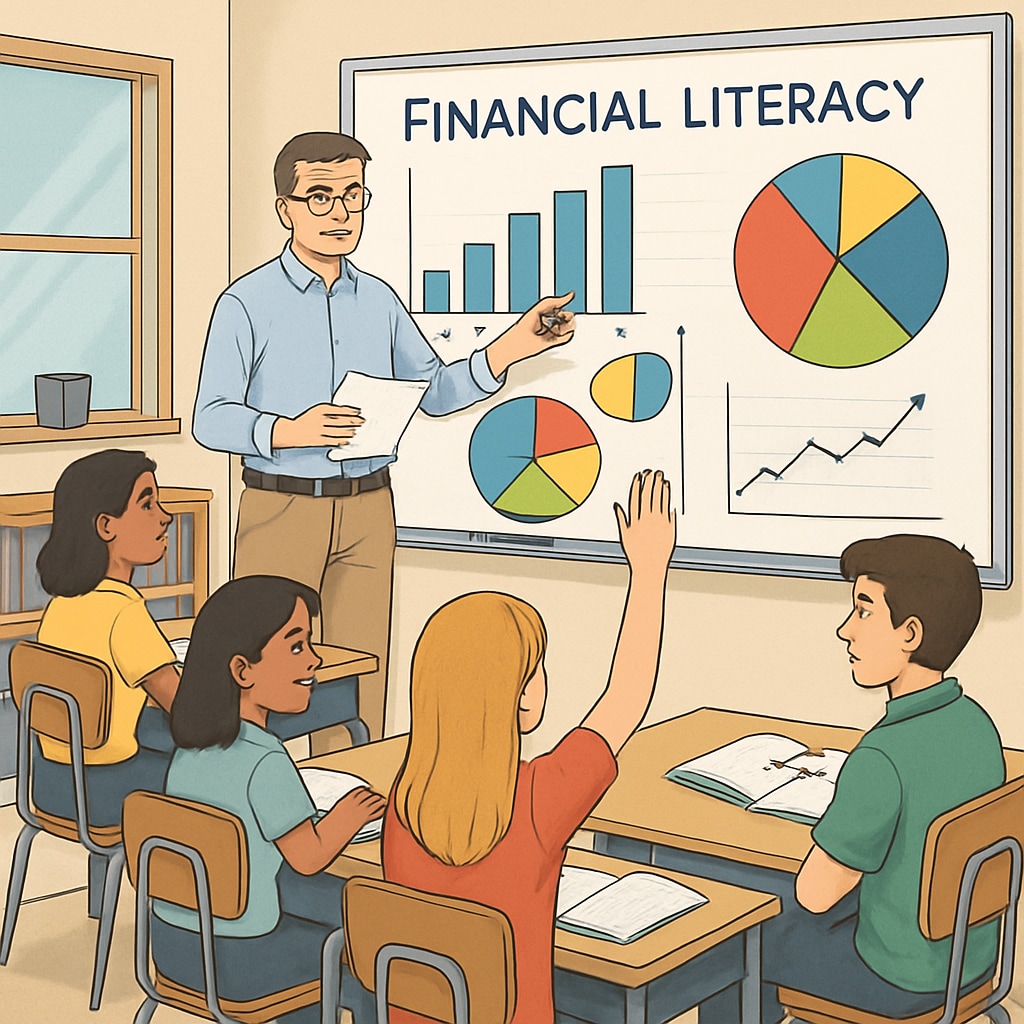 A classroom of students engaged in a financial literacy workshop, with a teacher explaining data charts on a whiteboard. Financial literacy workshop in a classroom with students learning business analysis.