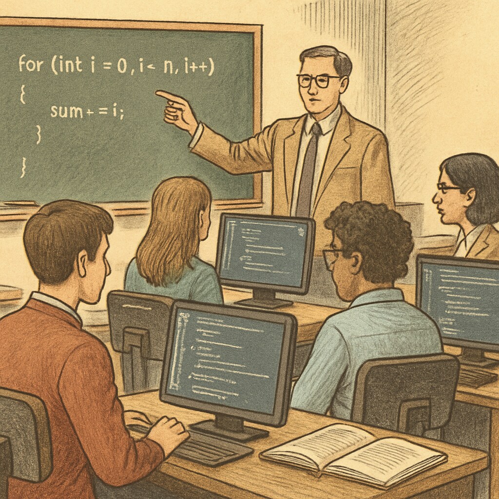 Students learning programming languages in a professional setting, with visible computers and code on screens. Students learning programming languages in a classroom for IT major selection and career planning.