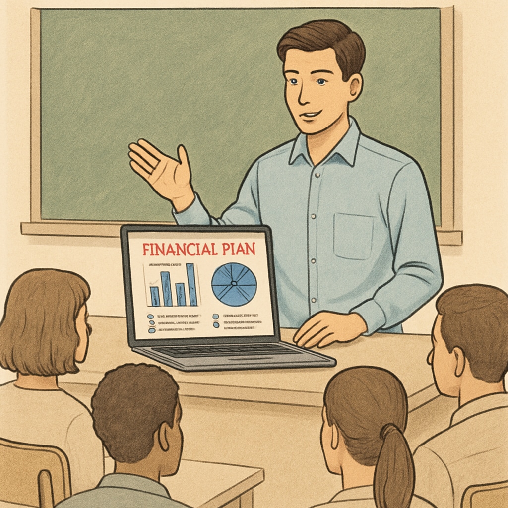 A student presenting a financial plan to a group, showcasing data on a laptop. Student presenting a financial plan related to business analysis and finance.