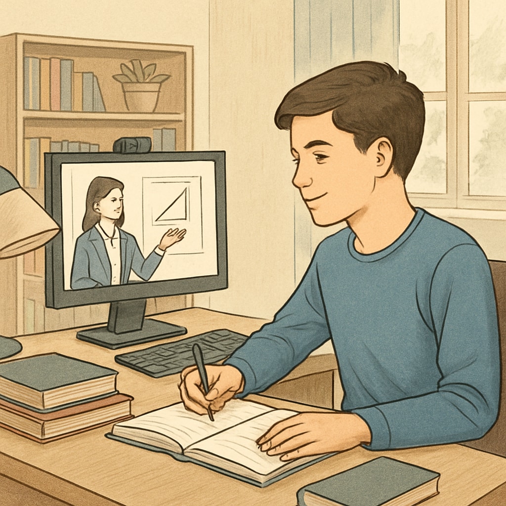 A high school student actively participating in an online class setup at home, showcasing the flexibility and personalized nature of online education. Online high school education: A student learning at home.