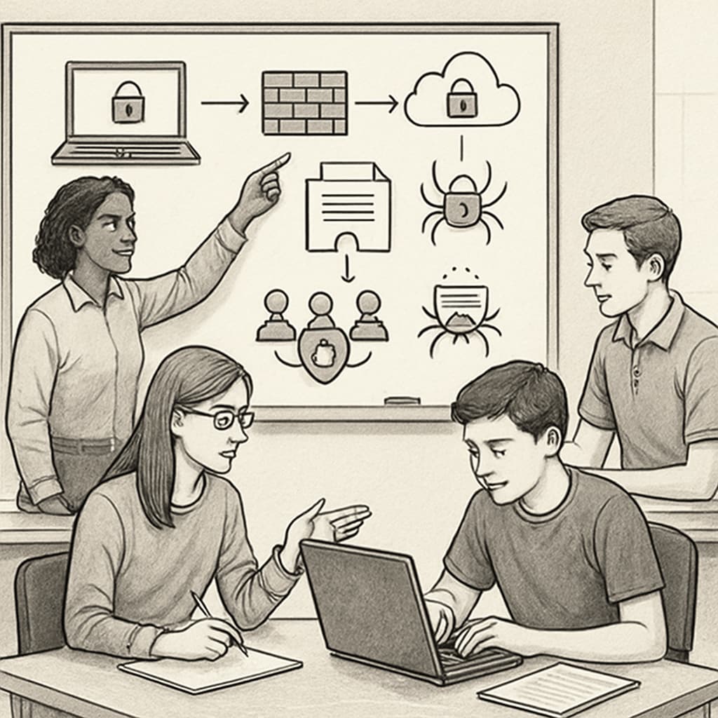 A classroom environment with students collaborating on cybersecurity projects, featuring digital security diagrams on a whiteboard. Students collaborating on cybersecurity projects in a classroom for IT career planning.