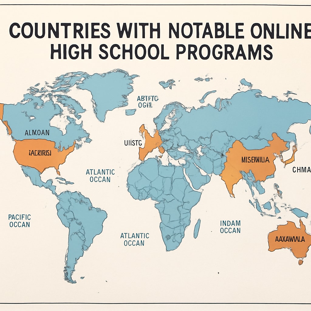 A map highlighting countries with notable online high school programs, emphasizing the global accessibility and variety of educational options available. Online high school programs worldwide: A map view of global availability.
