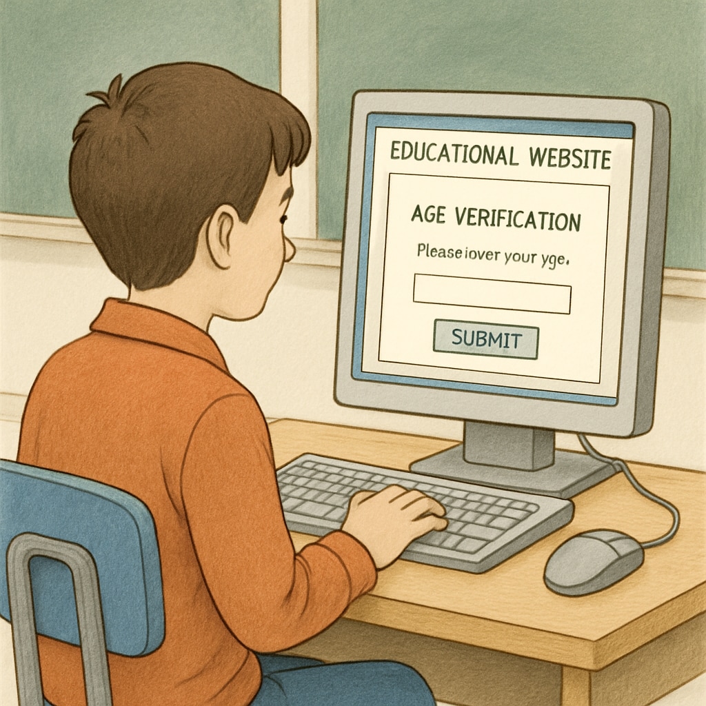 A student attempting to access an educational website with an age verification prompt appearing on the screen. Age verification prompt blocking student access to educational content