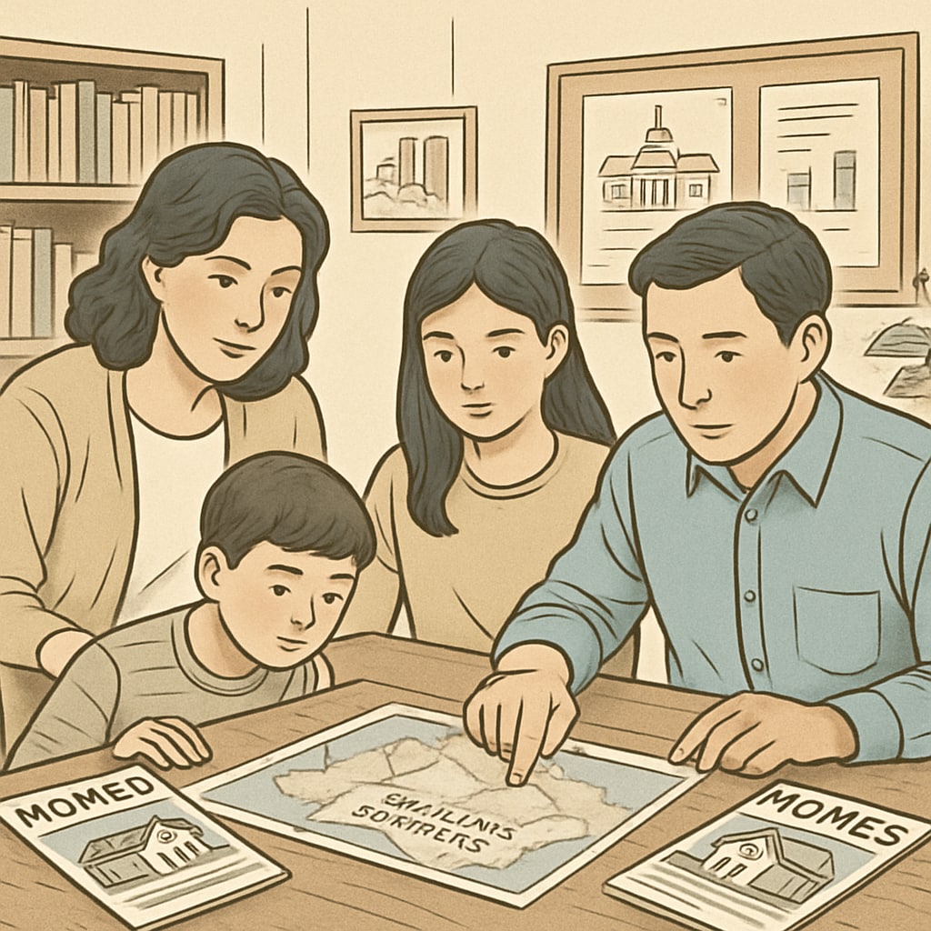 Family exploring housing choices in metropolitan areas with high-ranking schools.