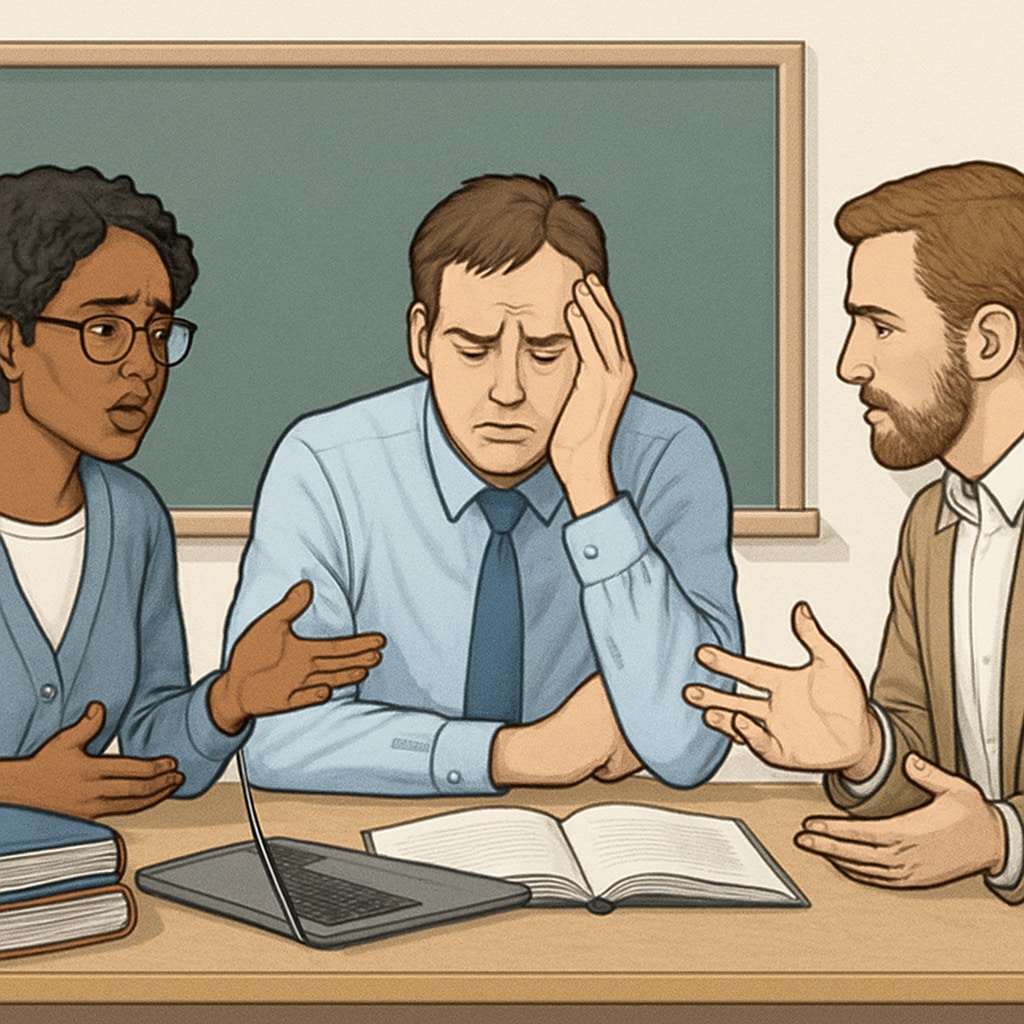 A frustrated teacher discussing challenges with colleagues due to restricted access to online educational tools. Teacher expressing frustration about content restrictions in K12 education