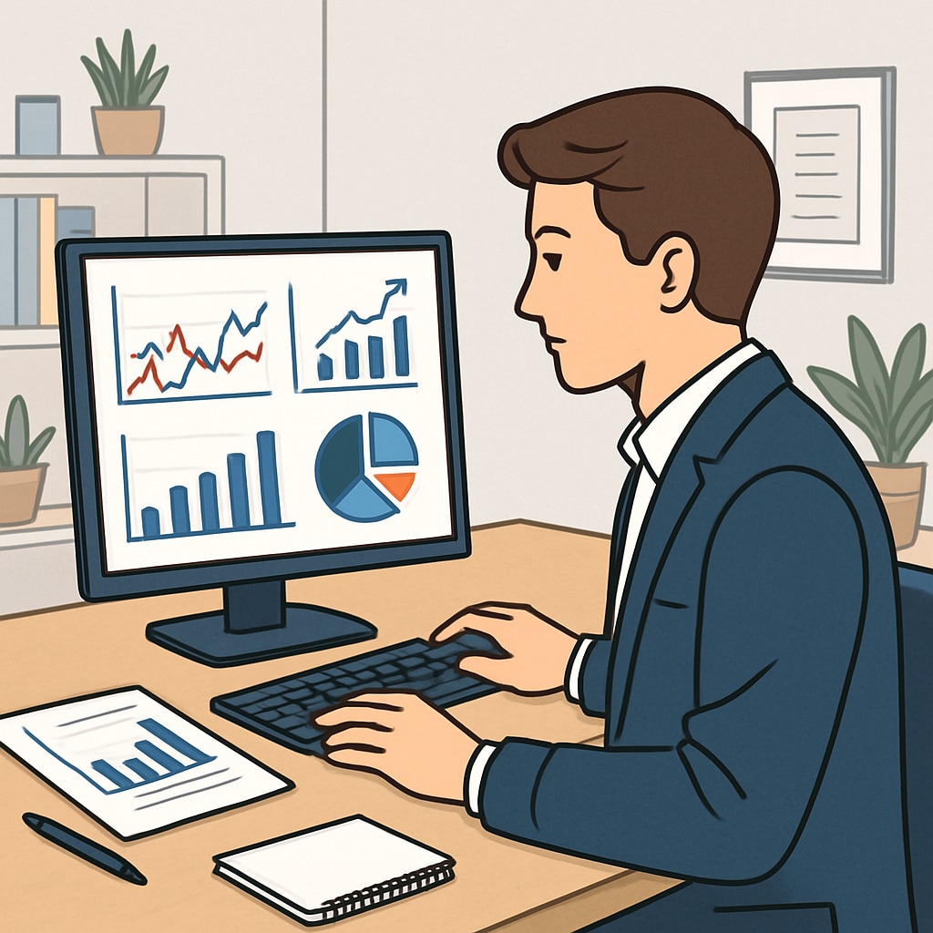 A young professional analyzing financial data on a computer screen in a modern office. A professional working on financial data analysis, showcasing business analytics and finance.