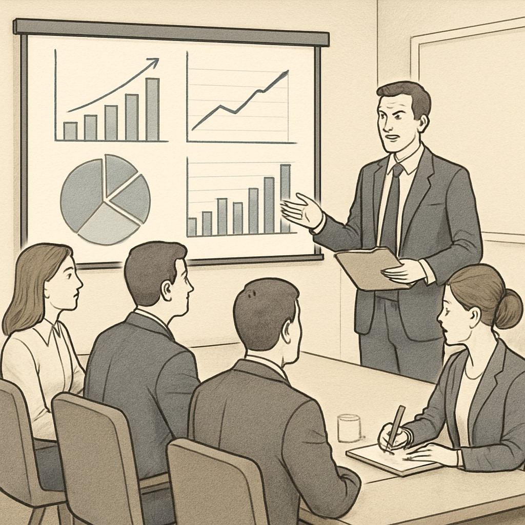 A team of professionals in a conference room discussing financial projections with charts displayed on a screen. Professionals discussing financial analytics and data-driven decision-making in a collaborative setting.