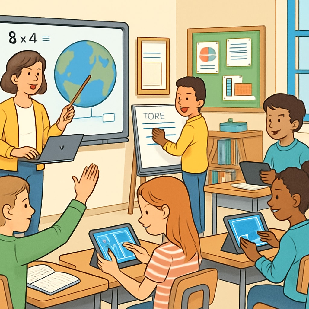 A classroom in a public school showing innovative teaching methods as part of efforts to remain competitive. Public school classroom with innovative teaching methods responding to school voucher challenges.