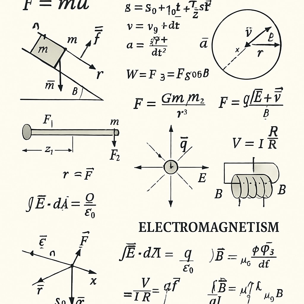 Graphical representation of physics concepts such as mechanics or electromagnetism with formulas and diagrams, highlighting the importance of conceptual clarity. Physics concepts like mechanics and electromagnetism shown with formulas and diagrams to emphasize conceptual understanding.