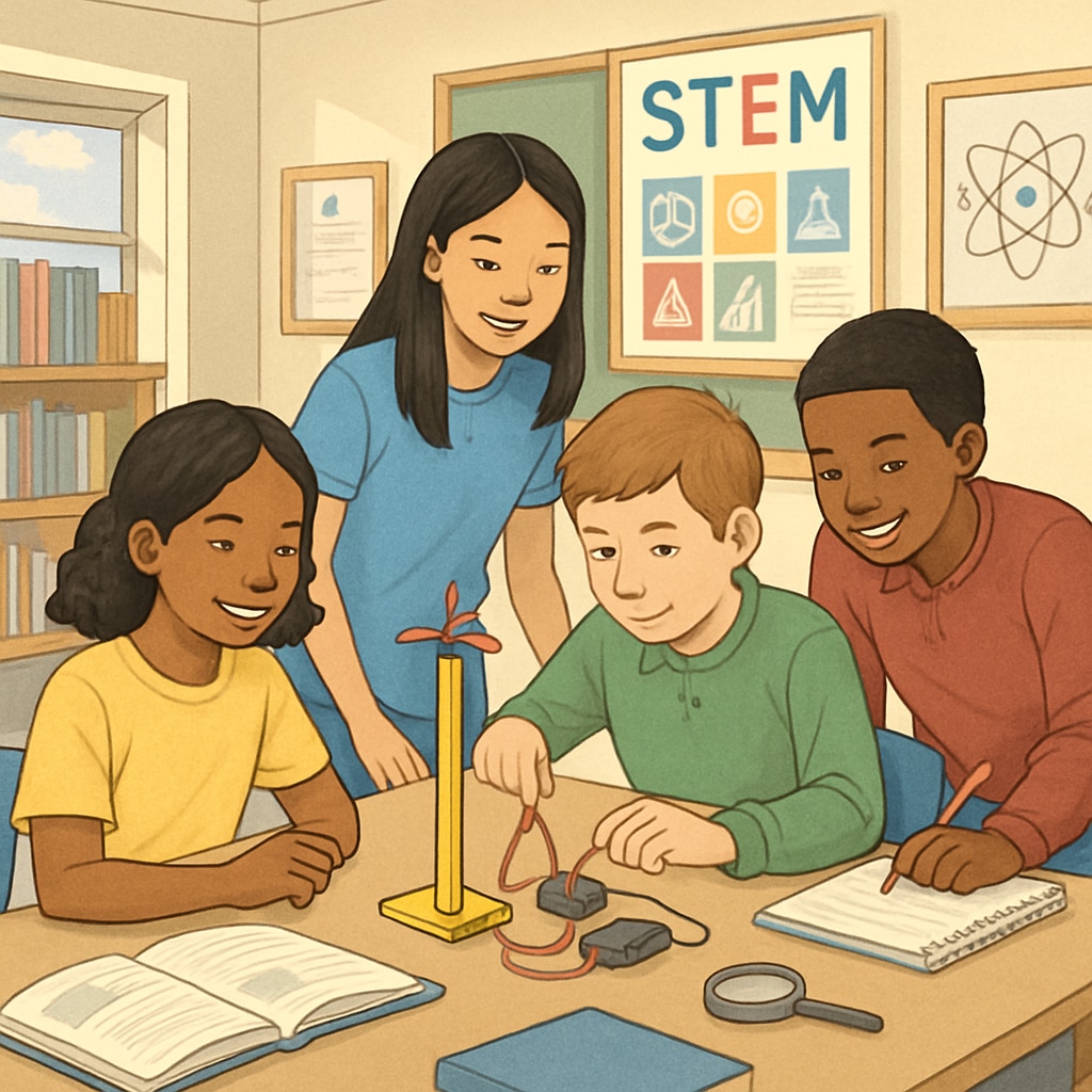 A group of students participating in a STEM activity in a public school classroom. Students in a public school classroom engaged in STEM activities, showcasing innovation.