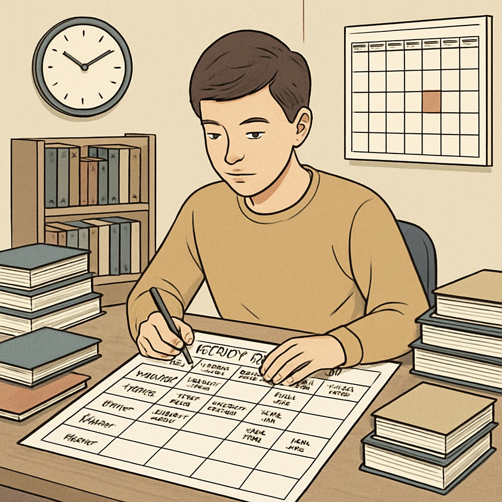 A student planning study time for multiple exams with time management strategies.