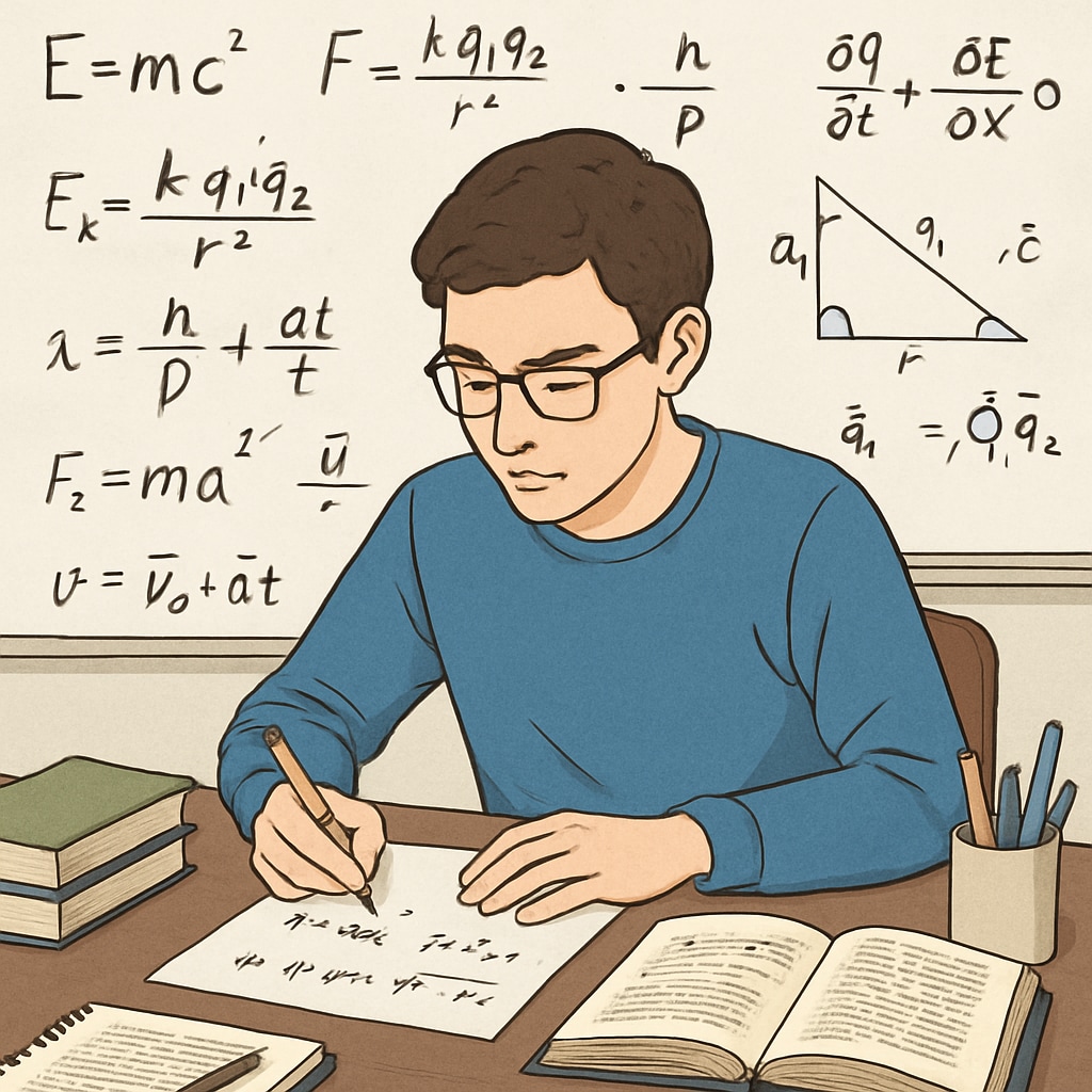 A student working on physics problems with notes and formulas for exam preparation.