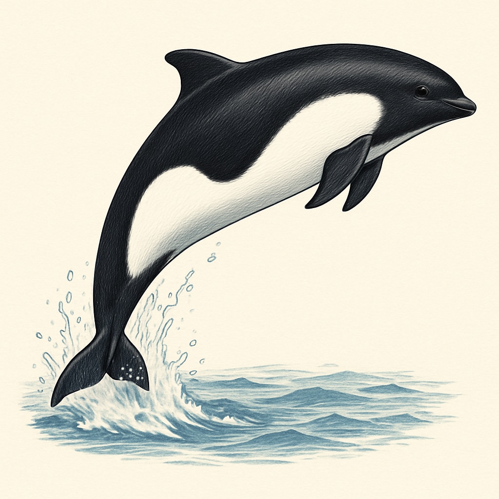 Dall’s porpoise leaping, illustrating its energetic and social behavior.